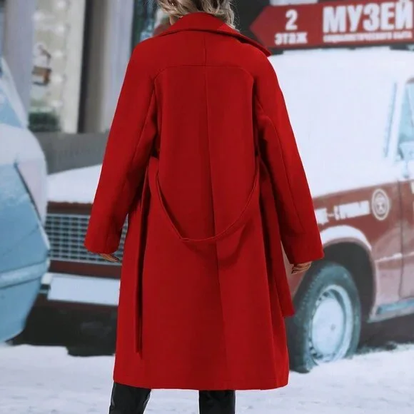 Casual Women's Double Breasted  Lapel Neck Belted jacket Overcoat RED - Picture 2 of 6